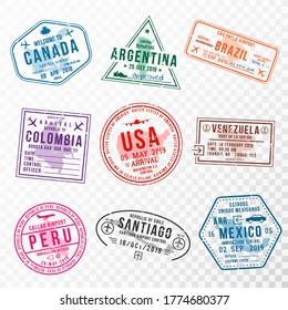Set of travel visa stamps for passports. Abstract international and immigration office stamps. Arrival and departure visa stamps to American countries - USA, Canada, Brazil, Mexico. Vector