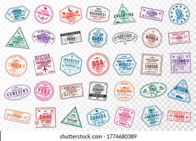 Set travel visa stamps for passports  Abstract international   immigration office stamps  Arrival   departure visa stamps to Europe  America  Asia   Australia  Vector