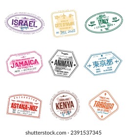 Set of travel visa stamps for passports. Abstract international and immigration office stamps. Arrival and departure customs visa stamps to country. Vector svg