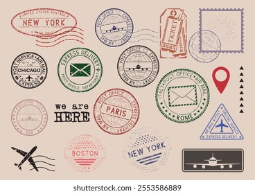 Set of travel visa stamps for passports. International and immigration office stamps. Arrival and departure visa stamps