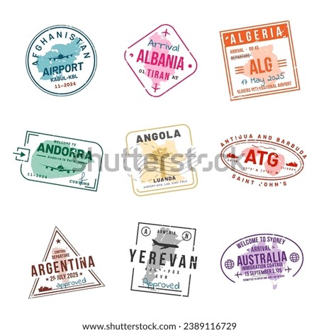 Set of travel visa stamps for passports. Abstract international and immigration office stamps. Arrival and departure customs visa stamps to country. Vector