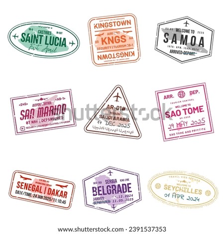 Set of travel visa stamps for passports. Abstract international and immigration office stamps. Arrival and departure customs visa stamps to country. Vector