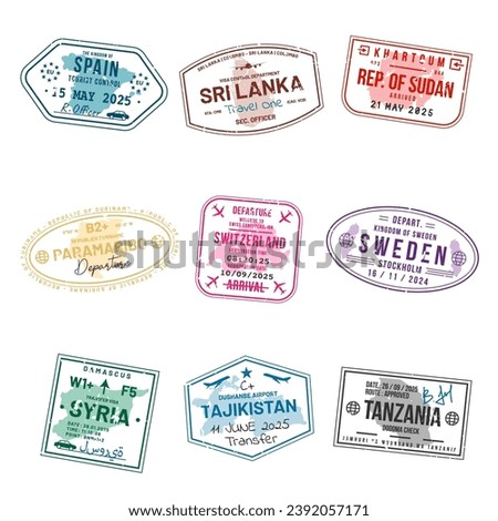 Set of travel visa stamps for passports. Abstract international and immigration office stamps. Arrival and departure customs visa stamps to country. Vector
