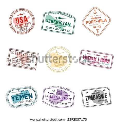 Set of travel visa stamps for passports. Abstract international and immigration office stamps. Arrival and departure customs visa stamps to country. Vector