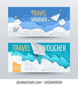 Set Of Travel Vouchers In Paper Cut Style With Realistic Airplane, 3D Boat, Stars, Clouds And Waves. Vector Layered Paper Scene For Design Of Gift Card, Coupon Or Certificate. Isolated From Background