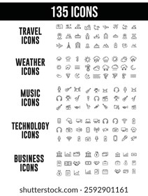 set of travel, weather, music, technology, finance icons