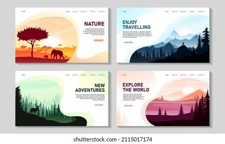 Conjunto de diseños web de viajes de paisajes. Savannah, África, acacia, bosque, montañas, río en el campo, ciervos en colinas, rocas. Sitio web sobre naturaleza, banner de turismo en línea. Ilustración del vector