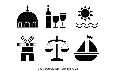 Set of Travel, Wine, and Landmark Icons, Including Dome, Sun, Windmill, and Sailboat	