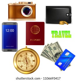 Set of the traveler. Camera, money, passport