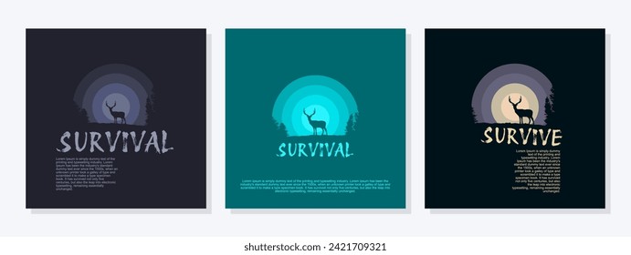 Set of traveler, camp quotes with deer silhouette. Collection of inspirational poster wall decorations. Suitable for social media post template and posters backgrounds.