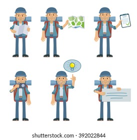 Set of traveler characters posing in different situations. Cheerful hiker holding map, photo camera, clipboard, banner, paper, placard, pointing up. Flat style vector illustration