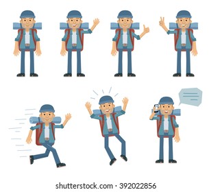 Set of traveler characters posing in different situations. Cheerful hiker running, jumping, talking on phone, greeting, showing thumb up gesture. Flat style vector illustration