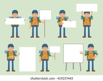 Set of traveler characters posing with different blank banners. Cheerful hiker with paper, poster, placard, pointing to whiteboard, teach, advertise, promote. Flat style vector illustration