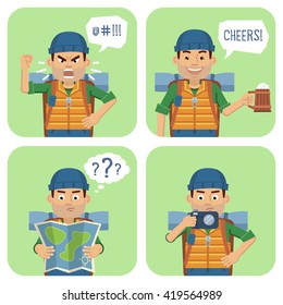 Set of traveler characters posing in different situations. Cheerful hiker holding mug of beer, photo camera, map, thinking, angry. Flat style vector illustration