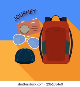 Set traveler-backpack.camera,hat,sunglasses in flat style