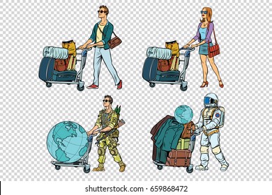 Set travelers man woman soldier and astronaut. Pop art retro vector illustration