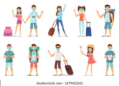 Set of travelers wearing a mask to prevent an epidemic of MERS-CoV wuhan coronavirus 2019-nCoV pandemic medical health risk full length vector illustration.