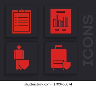 Set Traveling baggage insurance, Clipboard with checklist, Document with graph chart and Life insurance with shield icon. Vector