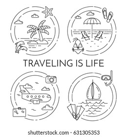 Set of Traveling banners with different journey elements in circles isolated on white background. Flat line art vector illustration of abstract skyline. 