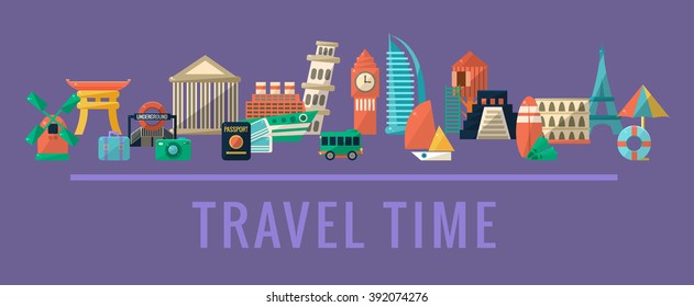 Set of Traveling Destinations And Activities Lined Horisontally Flat Vector Ilustration On Violet Background With Text