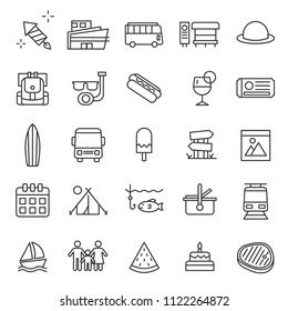 set of traveling and holiday icon, with thin line icon and modern concept, destination, tuorism, journey, culinary food, editable stroke, outline. 