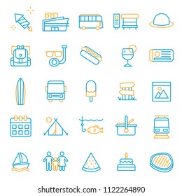 set of traveling and holiday icon, with thin line icon and modern concept, vocation, destination, tuorism, journey, culinary food, editable stroke, outline. 