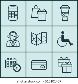 Set Of Traveling Icons On Accessibility, Appointment And Takeaway Coffee Topics. Editable Vector Illustration. Includes Box, Map, Math And More Vector Icons.