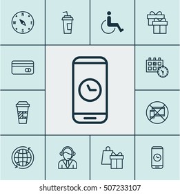 Set Of Traveling Icons On Appointment, Call Duration And Drink Cup Topics. Editable Vector Illustration. Includes Center, Cup, Mobile And More Vector Icons.