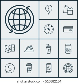 Set Of Traveling Icons On Call Duration, World And Info Pointer Topics. Editable Vector Illustration. Includes Time, Exchange, Dollar And More Vector Icons.