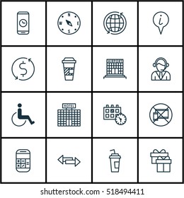 Set Of Traveling Icons On Call Duration, Locate And Hotel Construction Topics. Editable Vector Illustration. Includes Gift, Coffee, Airport And More Vector Icons.