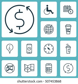 Set Of Traveling Icons On Drink Cup, Road Map And Info Pointer Topics. Editable Vector Illustration. Includes Globe, Coffee, Calendar And More Vector Icons.
