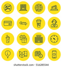 Set Of Traveling Icons On Drink Cup, Forbidden Mobile And Present Topics. Editable Vector Illustration. Includes Center, Credit, Appointment And More Vector Icons.