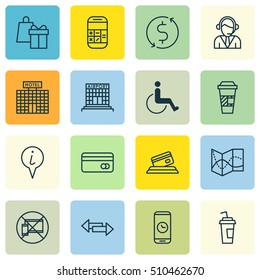 Set Of Traveling Icons On Hotel Construction, Forbidden Mobile And Takeaway Coffee Topics. Editable Vector Illustration. Includes Card, Center, Accessibility And More Vector Icons.