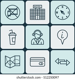 Set Of Traveling Icons On Hotel Construction, Road Map And Operator Topics. Editable Vector Illustration. Includes Crossroad, Drink, Arrows And More Vector Icons.