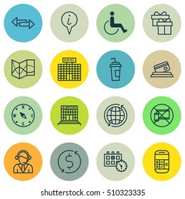 Set Of Traveling Icons On Info Pointer, Credit Card And Present Topics. Editable Vector Illustration. Includes Hotel, Compass, Credit And More Vector Icons.