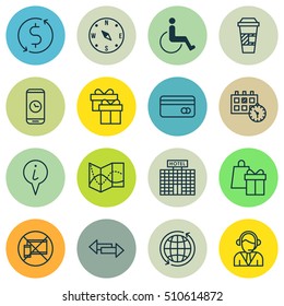 Set Of Traveling Icons On Info Pointer, Call Duration And Money Trasnfer Topics. Editable Vector Illustration. Includes Phone, Gift, Calendar And More Vector Icons.