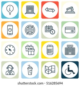 Set Of Traveling Icons On Info Pointer, Plastic Card And Airport Construction Topics. Editable Vector Illustration. Includes Calculator, Compass, Road And More Vector Icons.