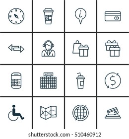 Set Of Traveling Icons On Locate, Drink Cup And Hotel Construction Topics. Editable Vector Illustration. Includes Cup, Holiday, Info And More Vector Icons.