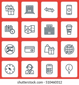 Set Of Traveling Icons On Plastic Card, Hotel Construction And Crossroad Topics. Editable Vector Illustration. Includes Road, Credit, Math And More Vector Icons.
