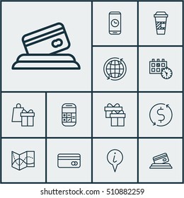 Set Of Traveling Icons On Plastic Card, Takeaway Coffee And Present Topics. Editable Vector Illustration. Includes Shopping, Date, Takeaway And More Vector Icons.