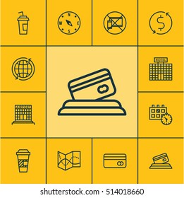 Set Of Traveling Icons On Plastic Card, Airport Construction And Locate Topics. Editable Vector Illustration. Includes World, Coffee, Airport And More Vector Icons.