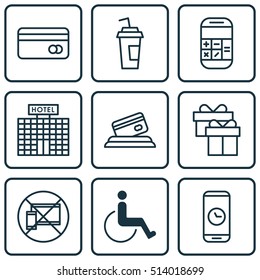 Set Of Traveling Icons On Present, Credit Card And Call Duration Topics. Editable Vector Illustration. Includes Box, Present, No And More Vector Icons.