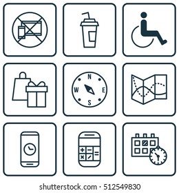 Set Of Traveling Icons On Shopping, Locate And Forbidden Mobile Topics. Editable Vector Illustration. Includes Compass, Mobile, Calculation And More Vector Icons.