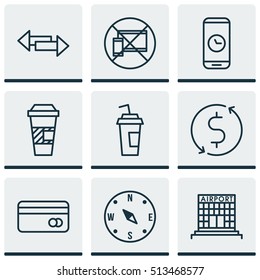 Set Of Traveling Icons On Takeaway Coffee, Plastic Card And Locate Topics. Editable Vector Illustration. Includes Construction, Map, Direction And More Vector Icons.
