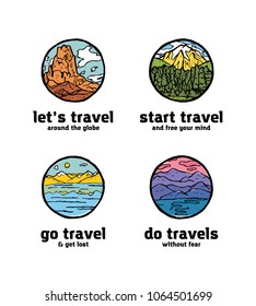 Set of traveling logotypes. Colored illustration icons.