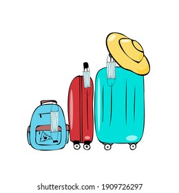 A set for traveling in a new reality, suitcases, a backpack, a hat and a medical mask.
Doodle vector illustration, simple cartoon line art. Isolated, mockup template.
