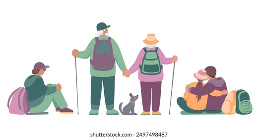 Set of traveling people with dog. Back view. Senior adult stand, cuddle couple sits.  Vector isolated color illustration in flat style.