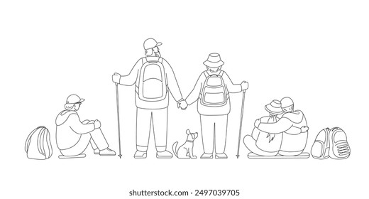 Set of traveling people with dog and backpacks. Back view. Senior adult stand, cuddle couple sits.  Vector isolated illustration in line style.