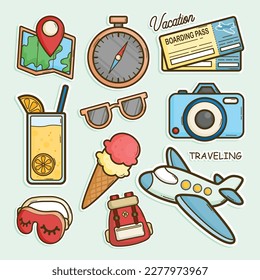 Set of Traveling and Vacation Cute Sticker Illustration