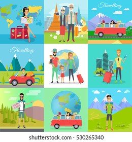 Set of traveling vector concepts. Flat design. Auto stop, hiking, car travel with friends, family journey, traveling in old age, trip around the world illustrations. Tourists in different countries